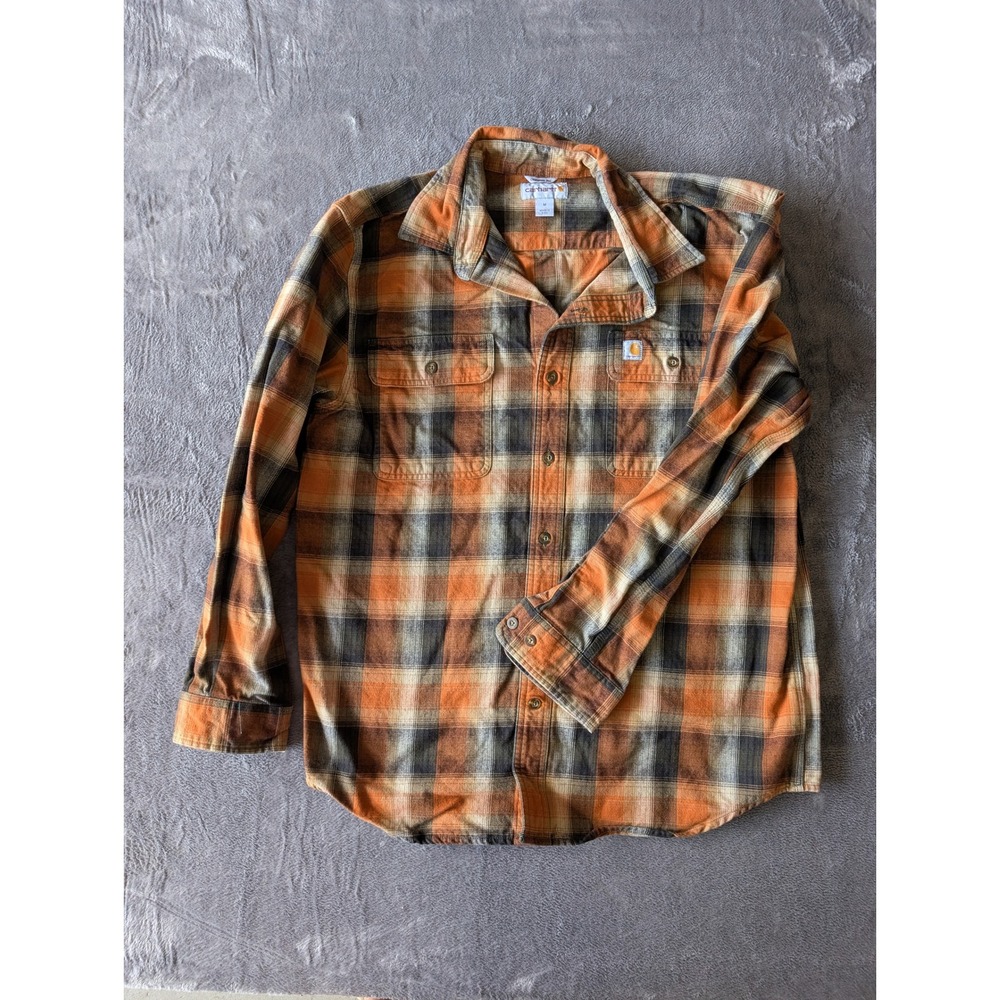 Carhartt Mens Plaid Flannel Shirt Orange Black Original Fit Long Sleeve Medium